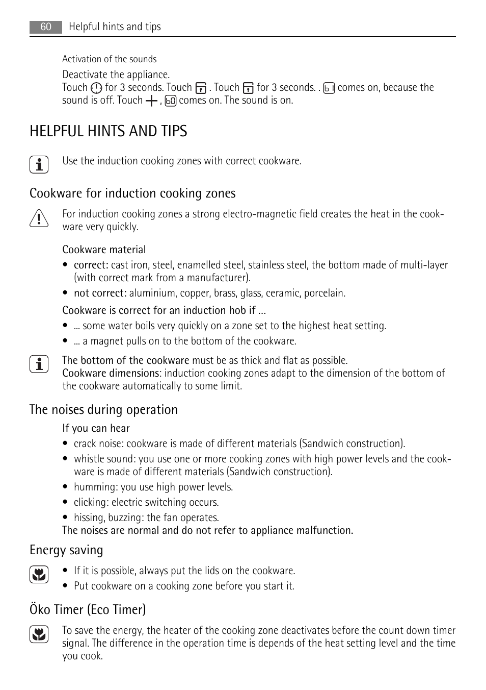 Helpful hints and tips, Cookware for induction cooking zones, The noises during operation | Energy saving, Öko timer (eco timer) | AEG HC652600EB User Manual | Page 60 / 64