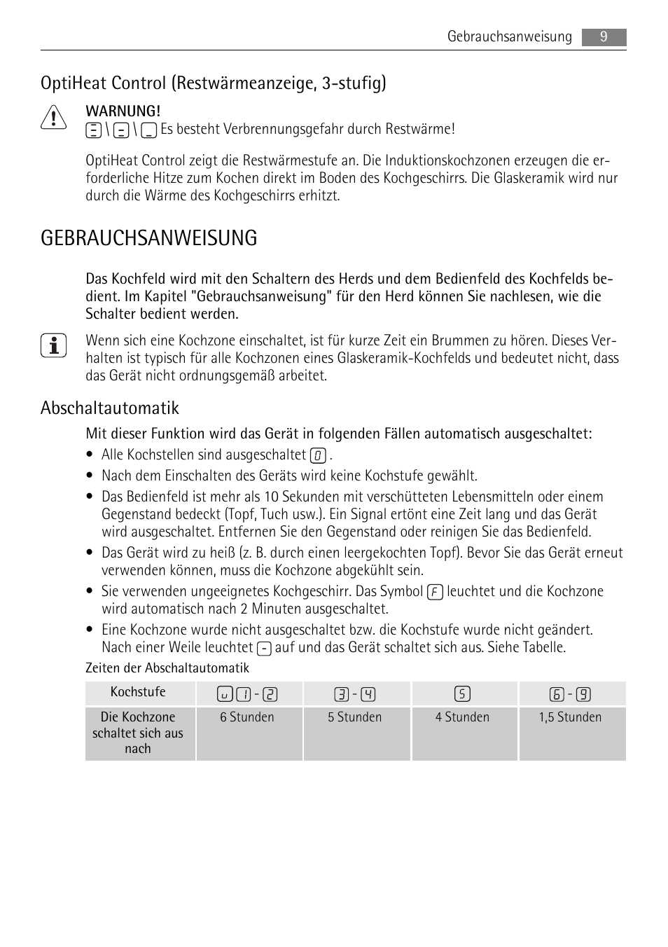 Gebrauchsanweisung, Optiheat control (restwärmeanzeige, 3-stufig), Abschaltautomatik | AEG HC652600EB User Manual | Page 9 / 64