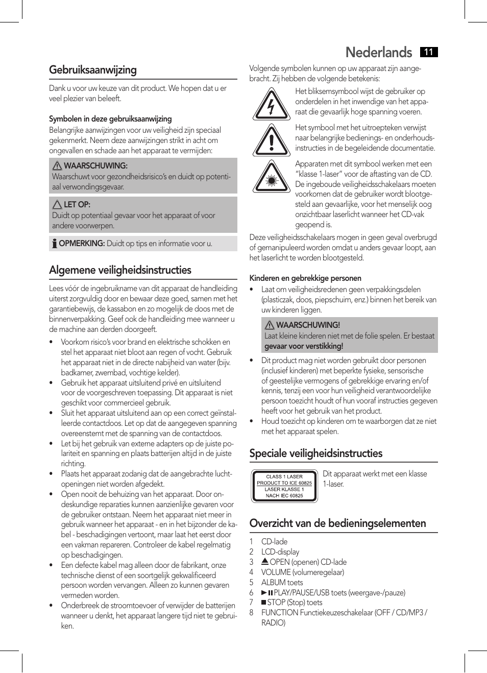Nederlands, Gebruiksaanwijzing, Algemene veiligheidsinstructies | Speciale veiligheidsinstructies, Overzicht van de bedieningselementen | AEG MC 4443 CD-MP3 User Manual | Page 11 / 66