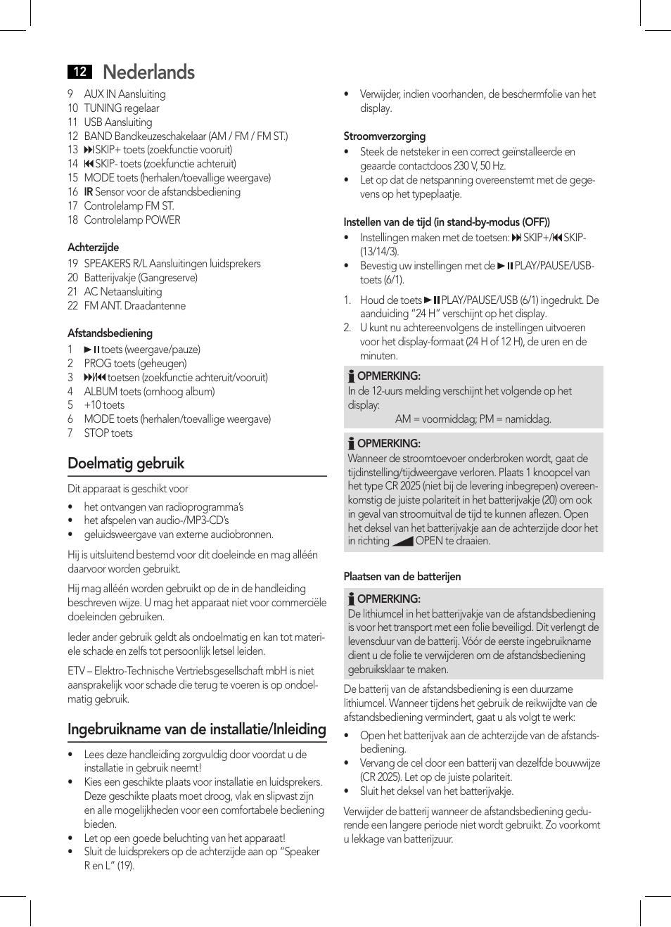 Nederlands, Doelmatig gebruik, Ingebruikname van de installatie/inleiding | AEG MC 4443 CD-MP3 User Manual | Page 12 / 66