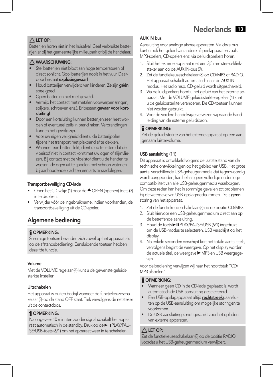 Nederlands, Algemene bediening | AEG MC 4443 CD-MP3 User Manual | Page 13 / 66