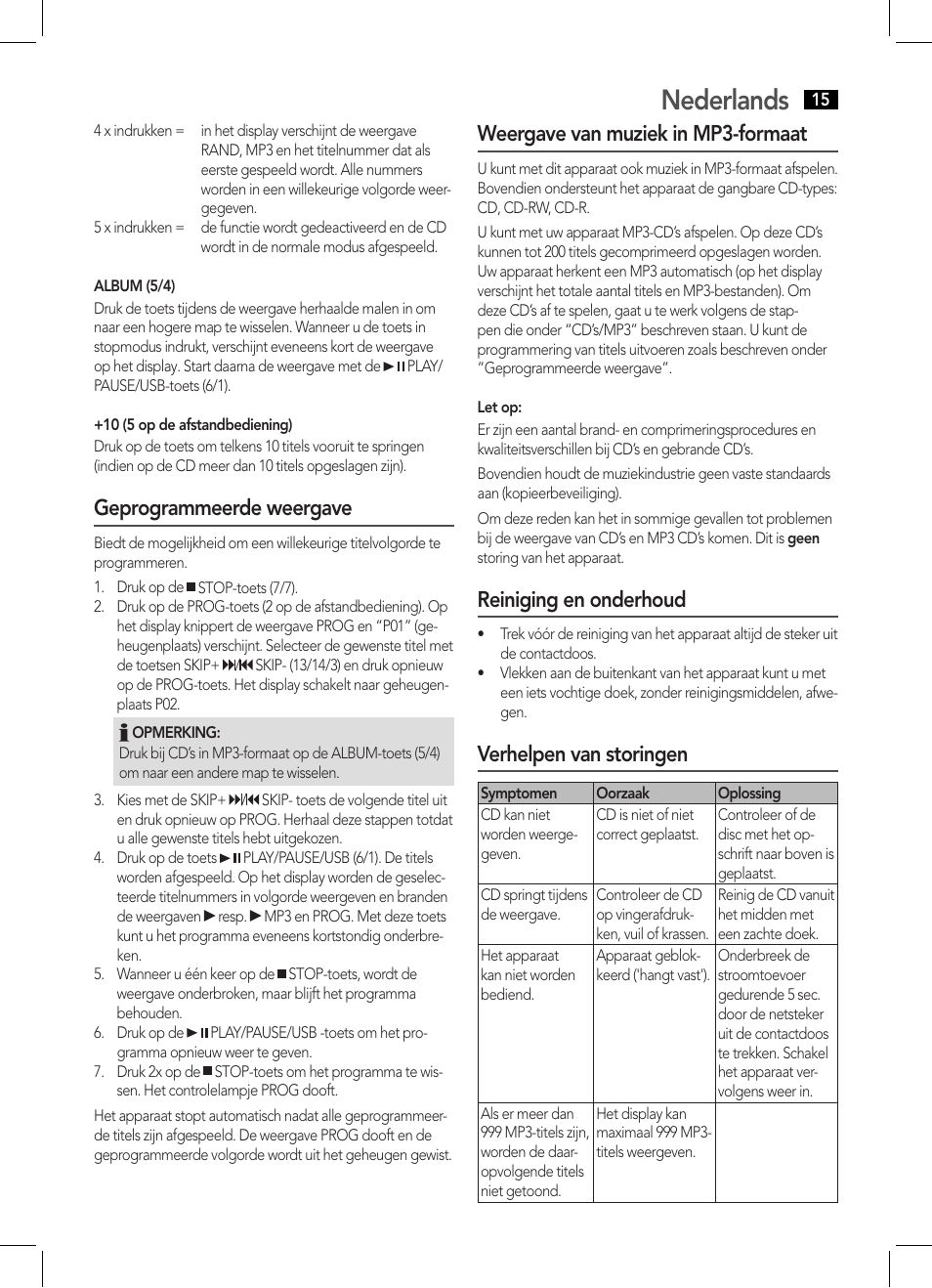 Nederlands, Geprogrammeerde weergave, Weergave van muziek in mp3-formaat | Reiniging en onderhoud, Verhelpen van storingen | AEG MC 4443 CD-MP3 User Manual | Page 15 / 66