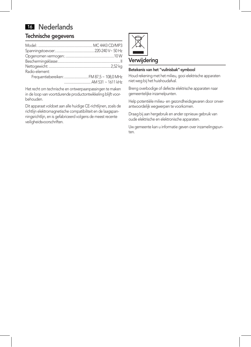 Nederlands | AEG MC 4443 CD-MP3 User Manual | Page 16 / 66