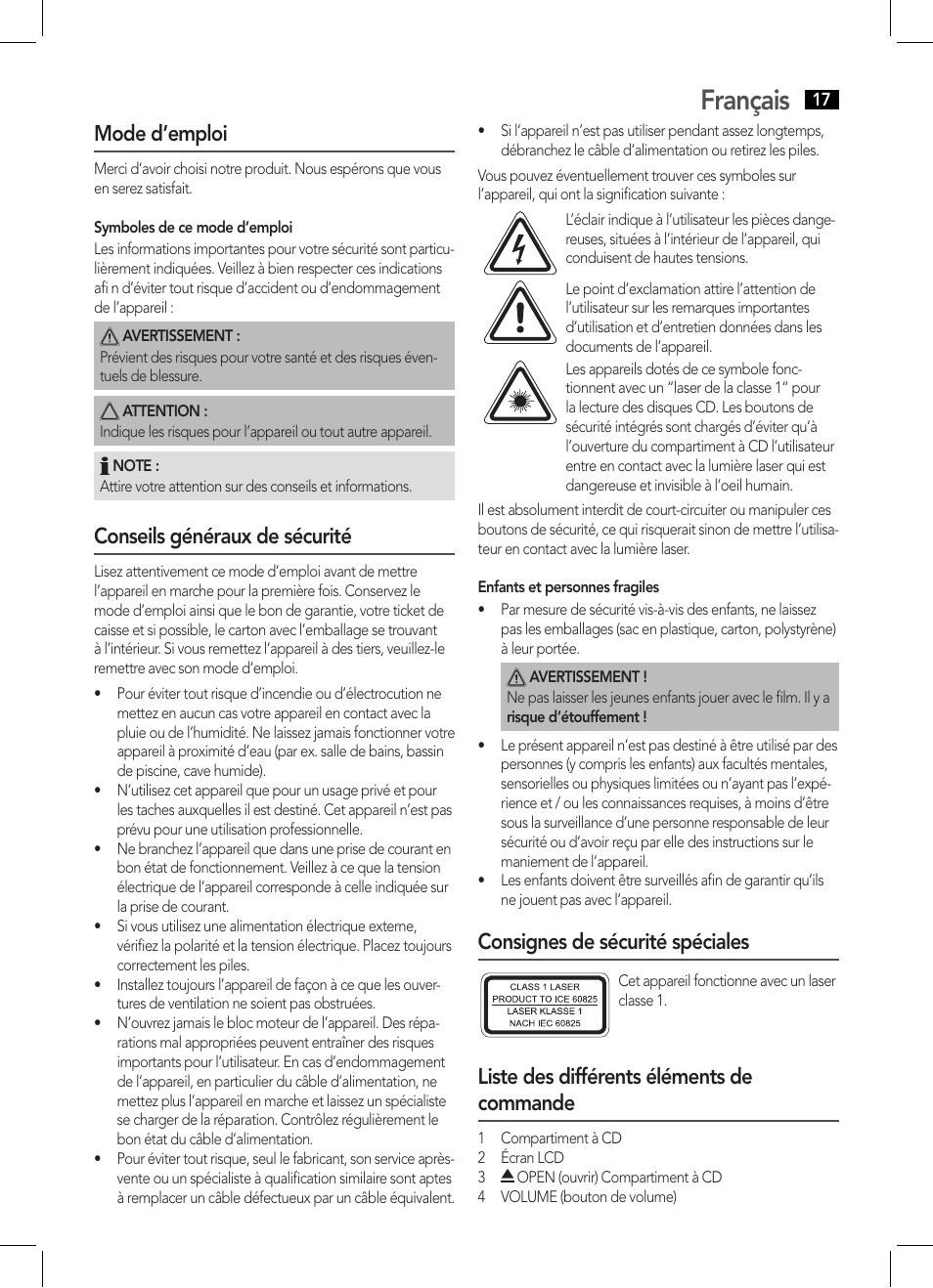 Français, Mode d’emploi, Conseils généraux de sécurité | Consignes de sécurité spéciales, Liste des différents éléments de commande | AEG MC 4443 CD-MP3 User Manual | Page 17 / 66