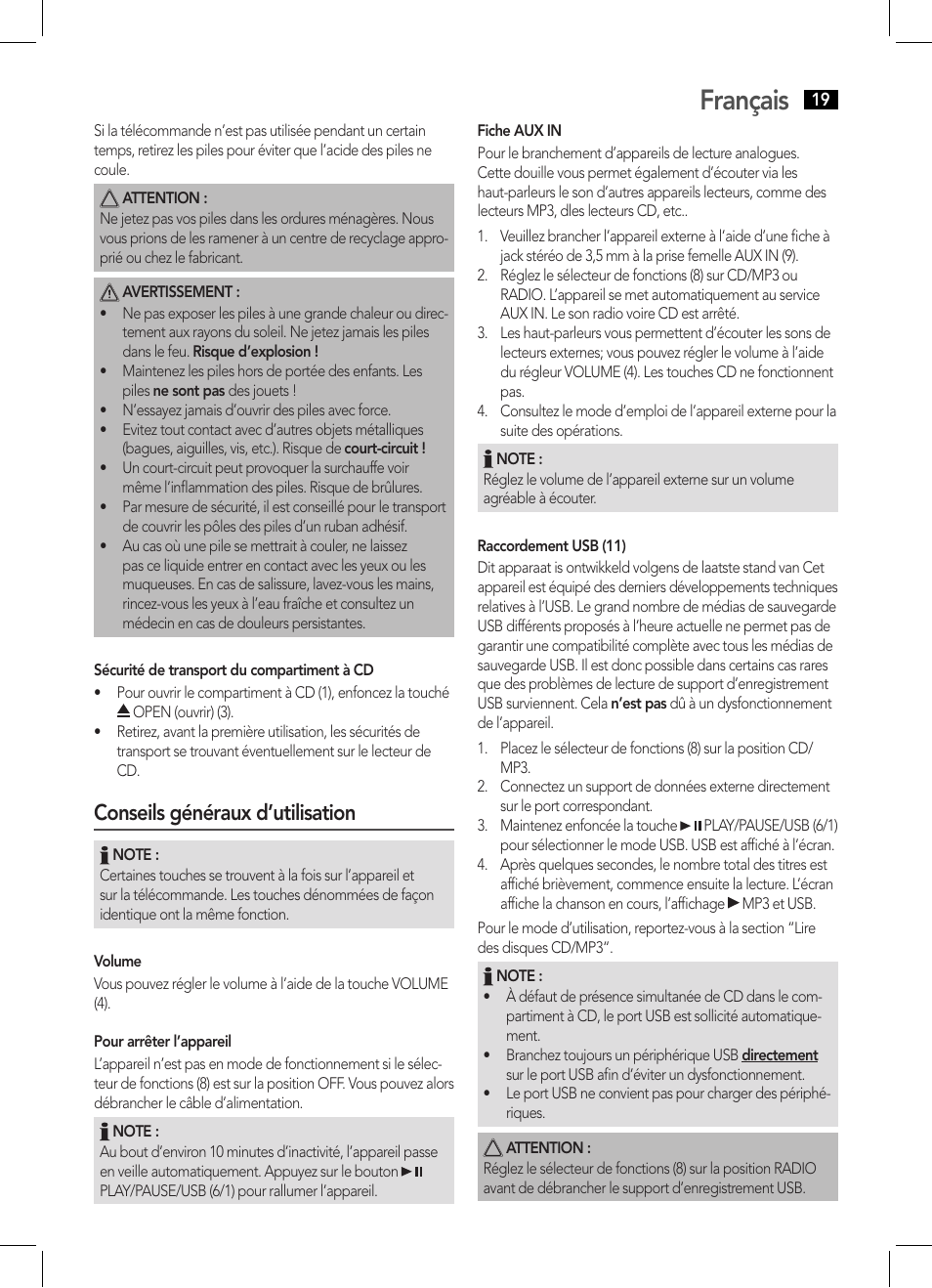 Français, Conseils généraux d’utilisation | AEG MC 4443 CD-MP3 User Manual | Page 19 / 66