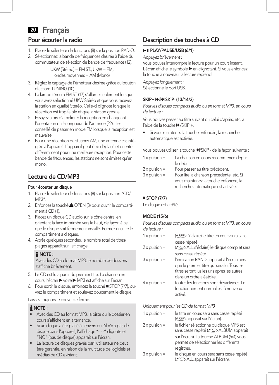 Français, Pour écouter la radio, Lecture de cd/mp3 | Description des touches à cd | AEG MC 4443 CD-MP3 User Manual | Page 20 / 66