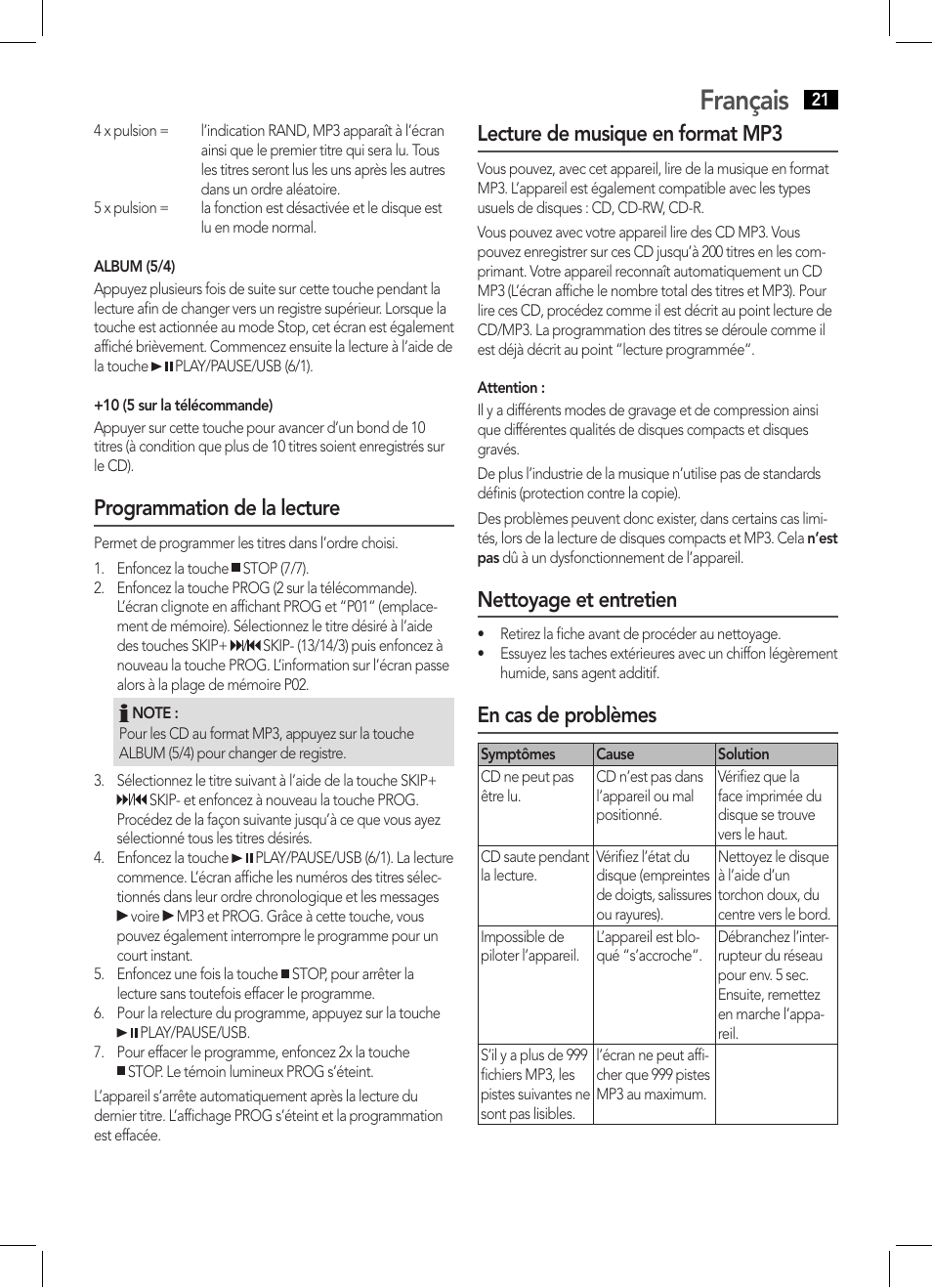 Français, Programmation de la lecture, Lecture de musique en format mp3 | Nettoyage et entretien, En cas de problèmes | AEG MC 4443 CD-MP3 User Manual | Page 21 / 66