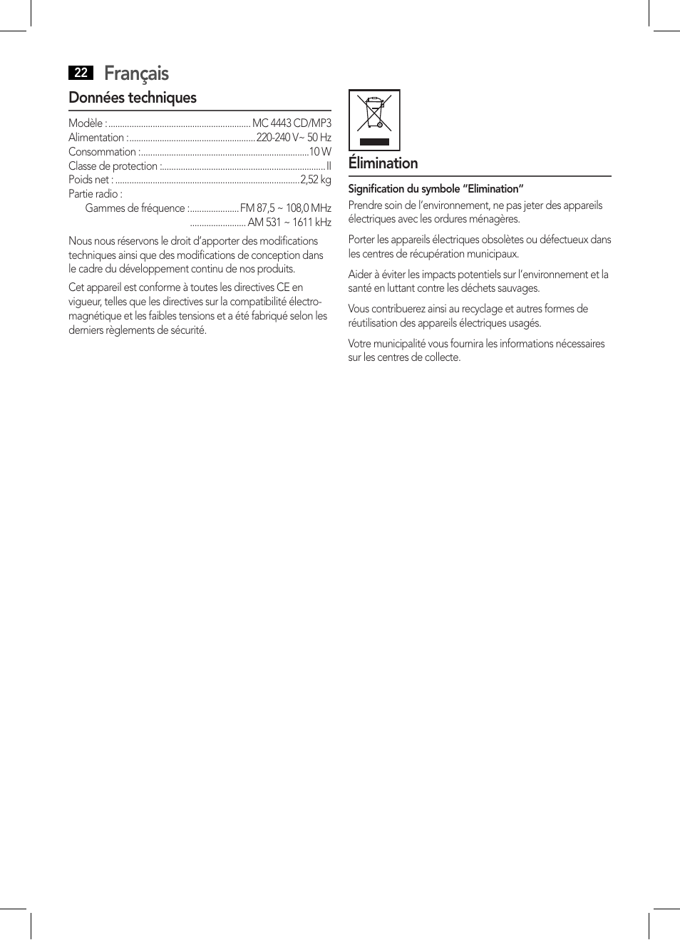 Français | AEG MC 4443 CD-MP3 User Manual | Page 22 / 66