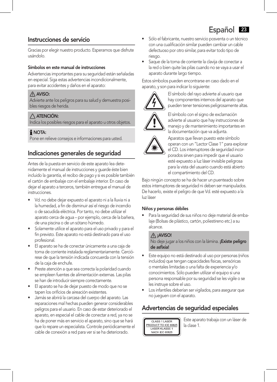 Español, Instrucciones de servicio, Indicaciones generales de seguridad | Advertencias de seguridad especiales | AEG MC 4443 CD-MP3 User Manual | Page 23 / 66