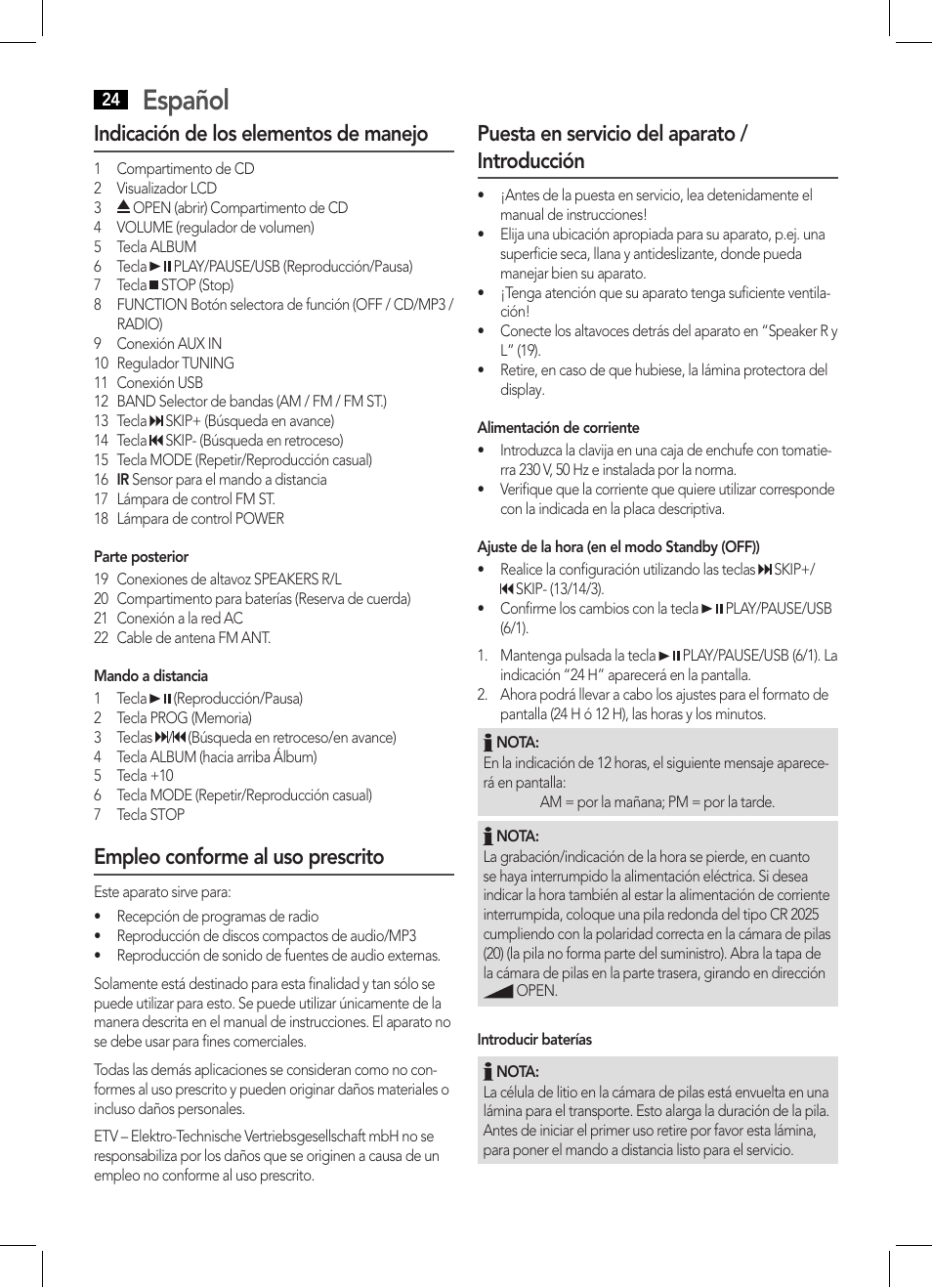 Español, Indicación de los elementos de manejo, Empleo conforme al uso prescrito | Puesta en servicio del aparato / introducción | AEG MC 4443 CD-MP3 User Manual | Page 24 / 66