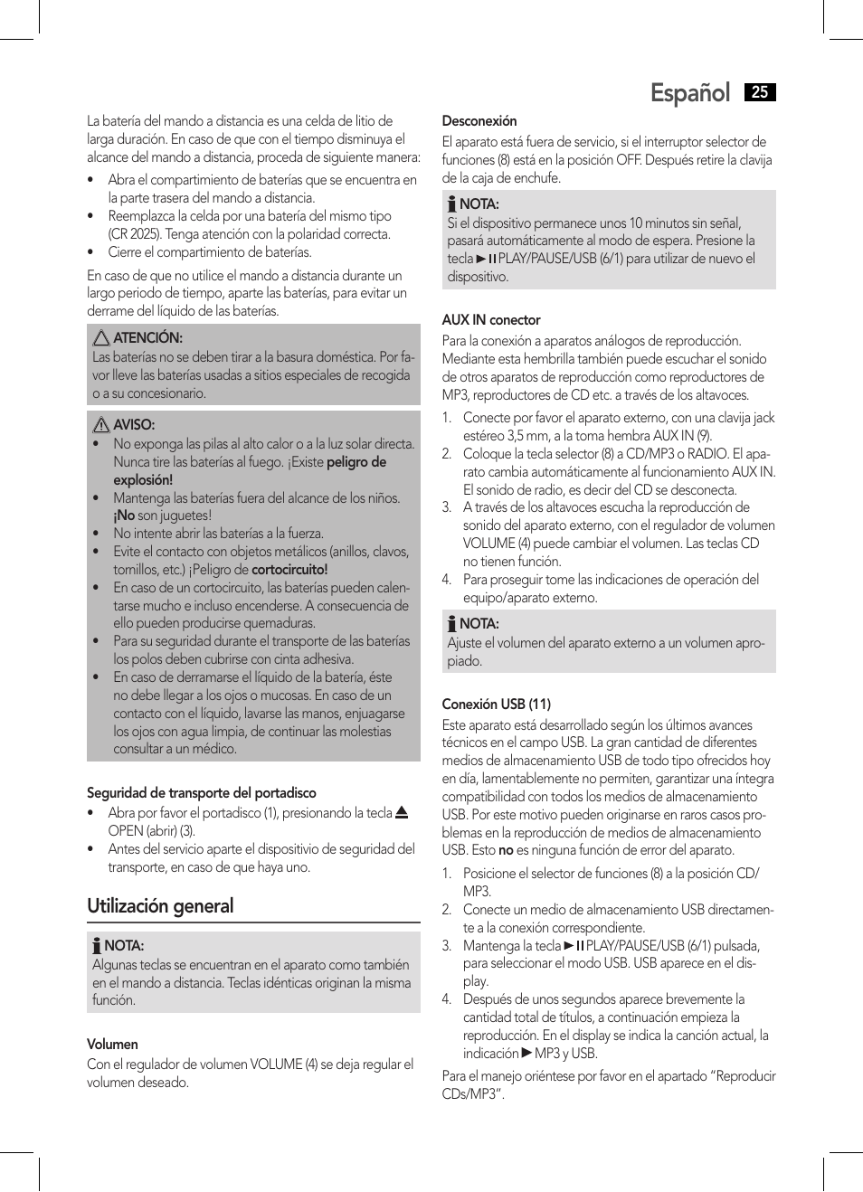 Español, Utilización general | AEG MC 4443 CD-MP3 User Manual | Page 25 / 66