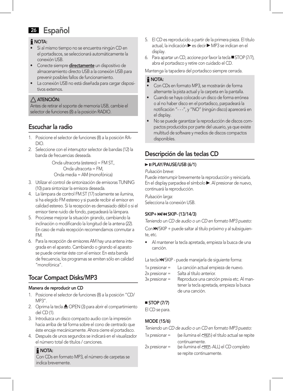 Español, Escuchar la radio, Tocar compact disks/mp3 | Descripción de las teclas cd | AEG MC 4443 CD-MP3 User Manual | Page 26 / 66