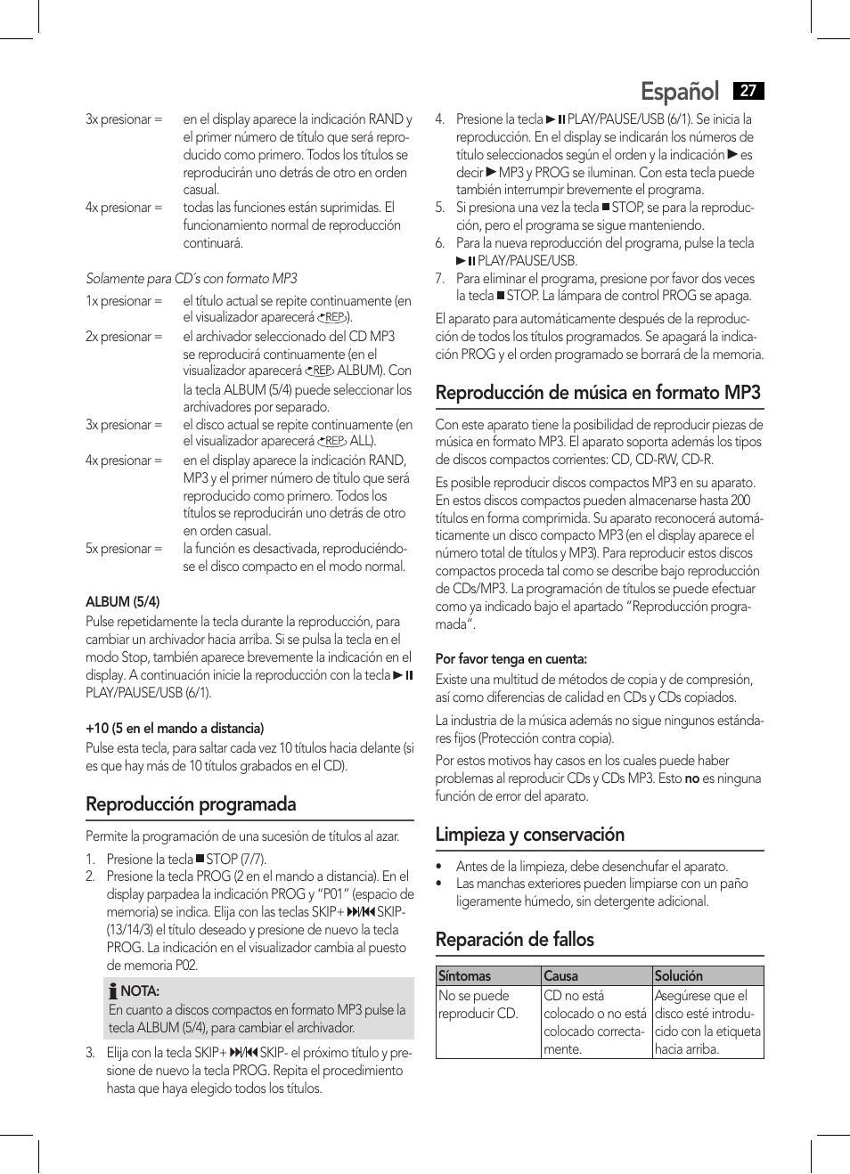 Español, Reproducción programada, Reproducción de música en formato mp3 | Limpieza y conservación, Reparación de fallos | AEG MC 4443 CD-MP3 User Manual | Page 27 / 66