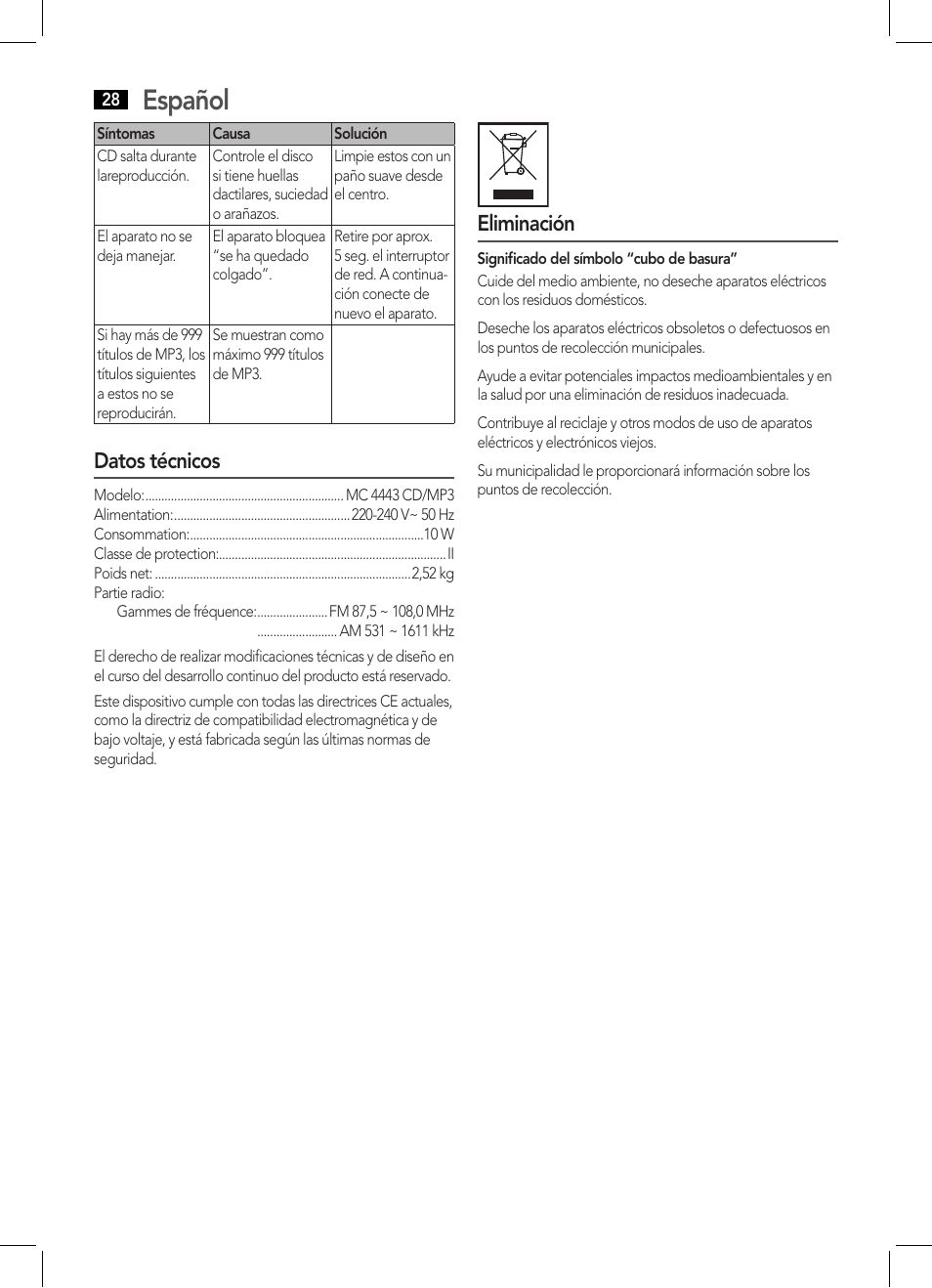 Español, Datos técnicos, Eliminación | AEG MC 4443 CD-MP3 User Manual | Page 28 / 66