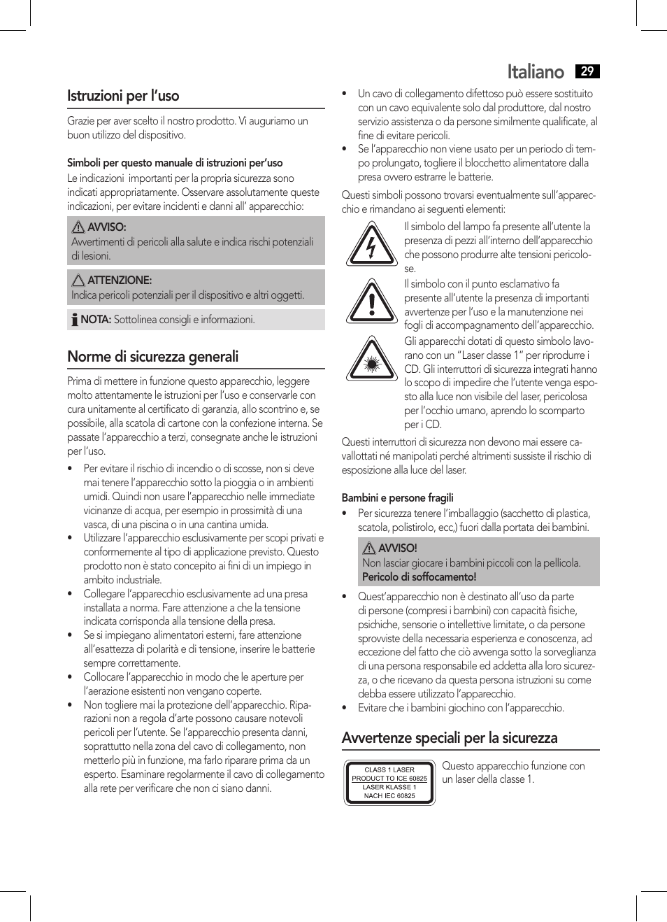 Italiano, Istruzioni per l’uso, Norme di sicurezza generali | Avvertenze speciali per la sicurezza | AEG MC 4443 CD-MP3 User Manual | Page 29 / 66