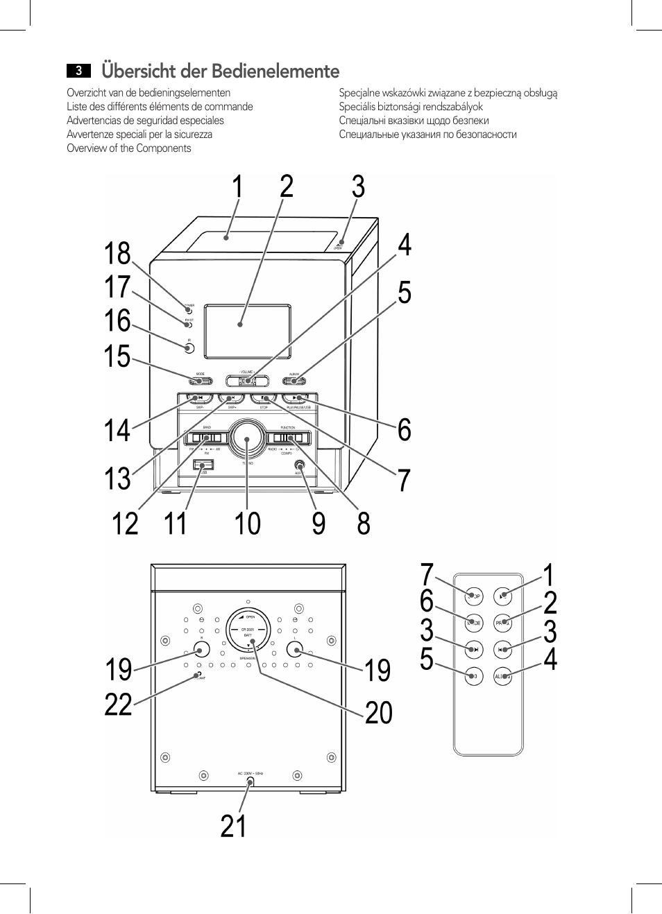 Übersicht der bedienelemente | AEG MC 4443 CD-MP3 User Manual | Page 3 / 66