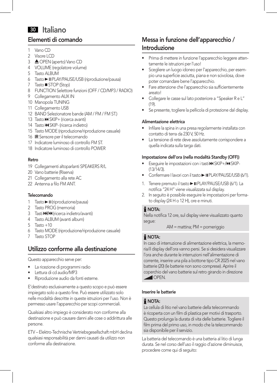 Italiano, Elementi di comando, Utilizzo conforme alla destinazione | Messa in funzione dell’apparecchio / introduzione | AEG MC 4443 CD-MP3 User Manual | Page 30 / 66