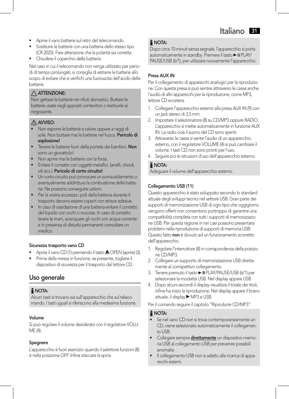 Italiano, Uso generale | AEG MC 4443 CD-MP3 User Manual | Page 31 / 66