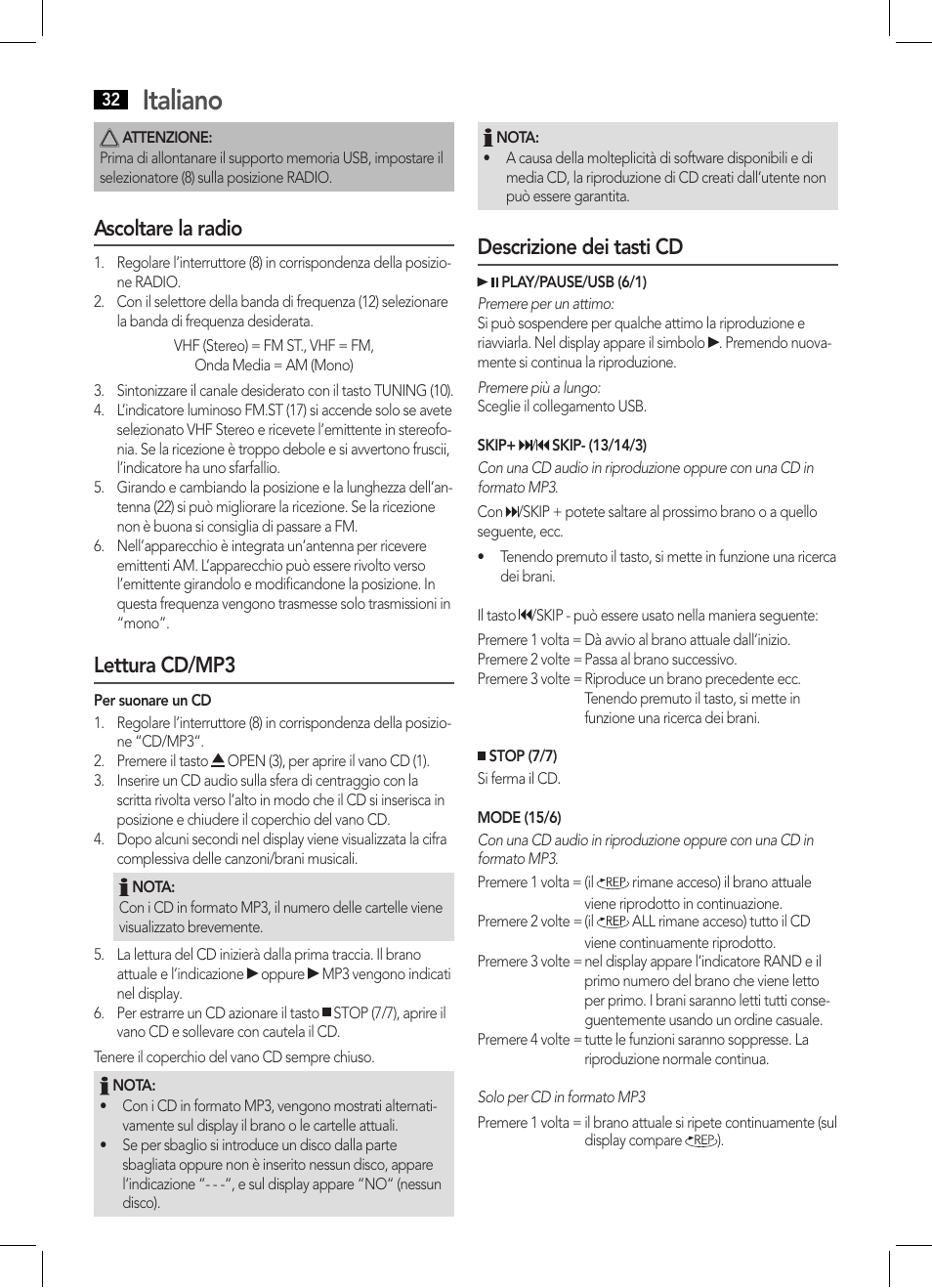 Italiano, Ascoltare la radio, Lettura cd/mp3 | Descrizione dei tasti cd | AEG MC 4443 CD-MP3 User Manual | Page 32 / 66