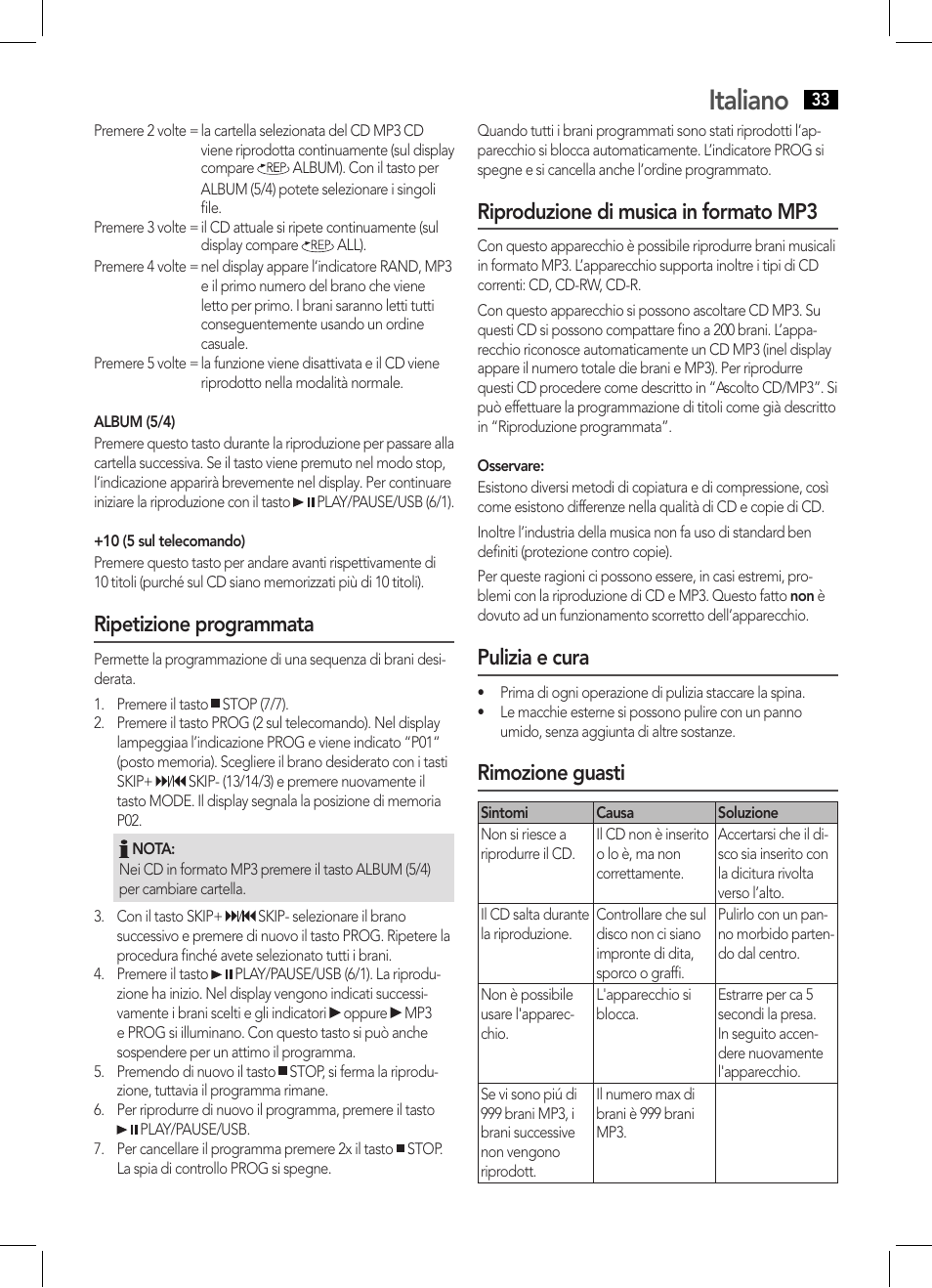 Italiano, Ripetizione programmata, Riproduzione di musica in formato mp3 | Pulizia e cura, Rimozione guasti | AEG MC 4443 CD-MP3 User Manual | Page 33 / 66