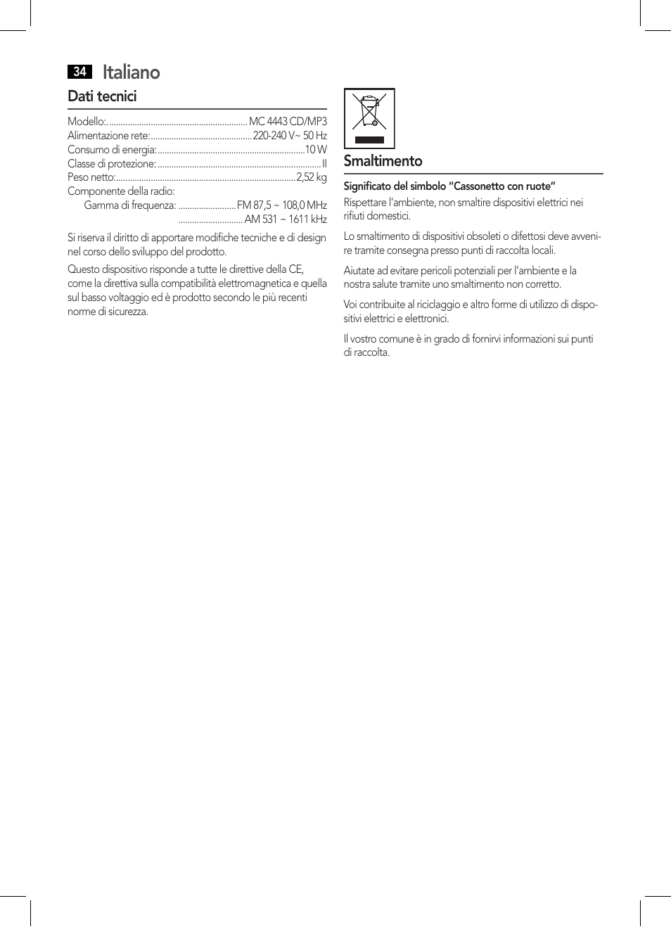 Italiano | AEG MC 4443 CD-MP3 User Manual | Page 34 / 66