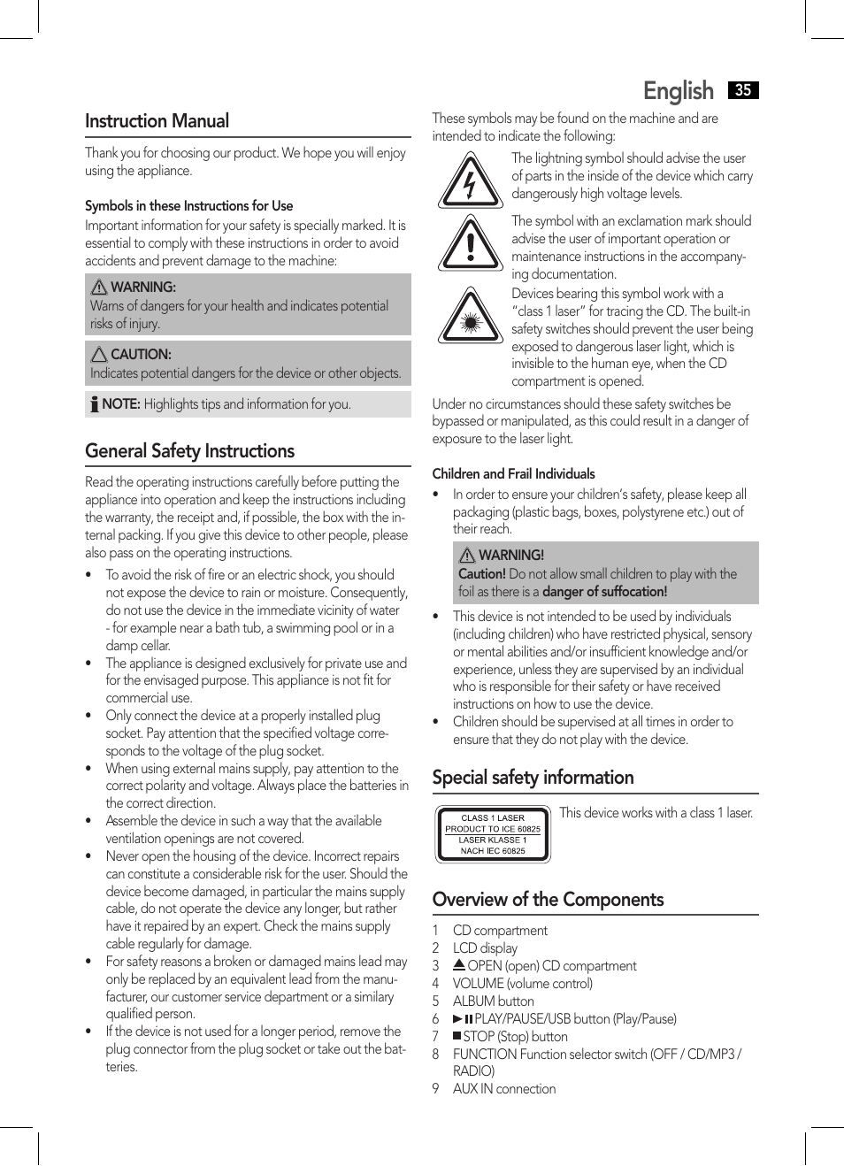 English, Instruction manual, General safety instructions | Special safety information, Overview of the components | AEG MC 4443 CD-MP3 User Manual | Page 35 / 66