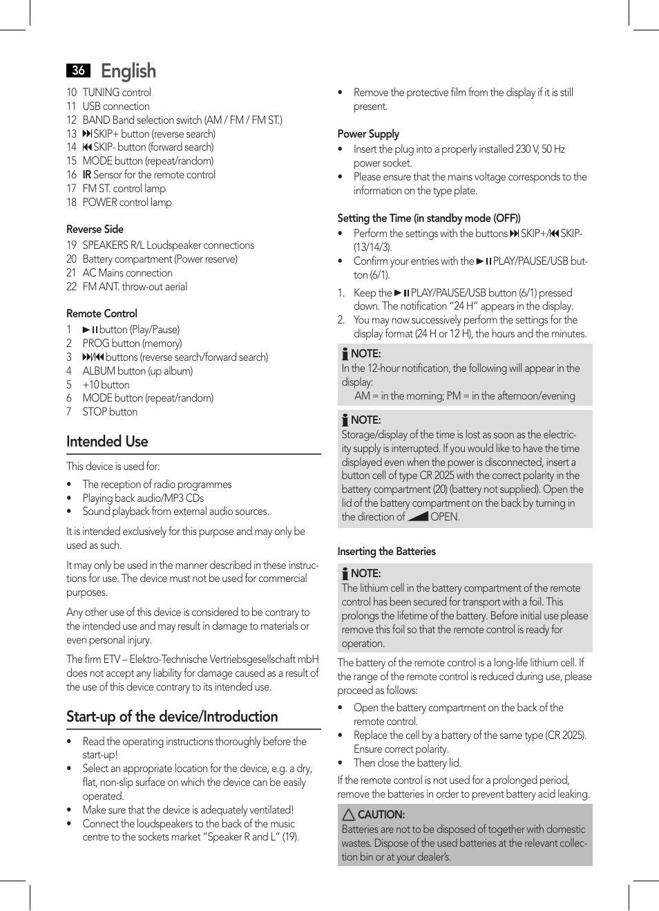English, Intended use, Start-up of the device/introduction | AEG MC 4443 CD-MP3 User Manual | Page 36 / 66
