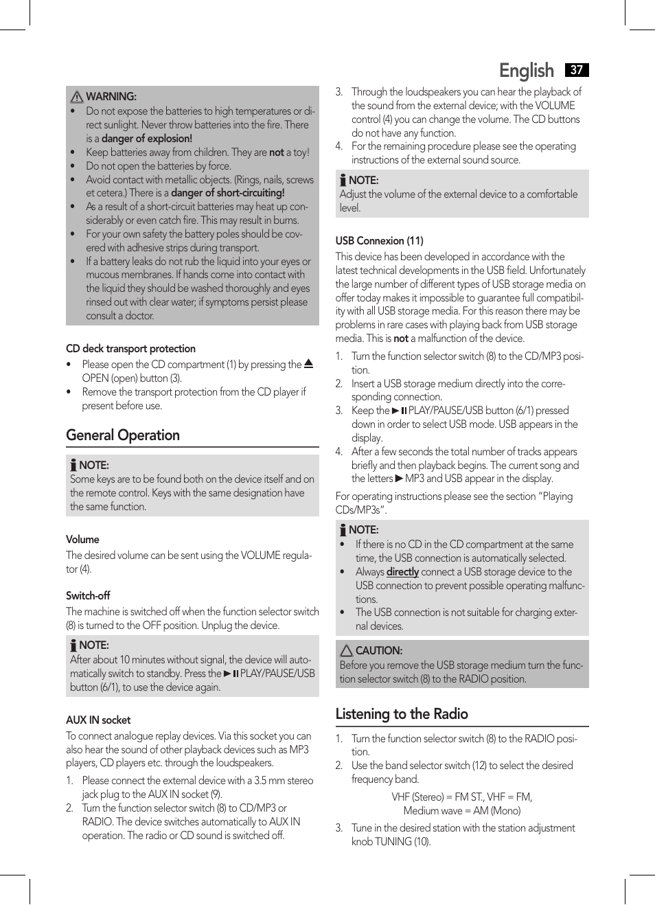 English, General operation, Listening to the radio | AEG MC 4443 CD-MP3 User Manual | Page 37 / 66