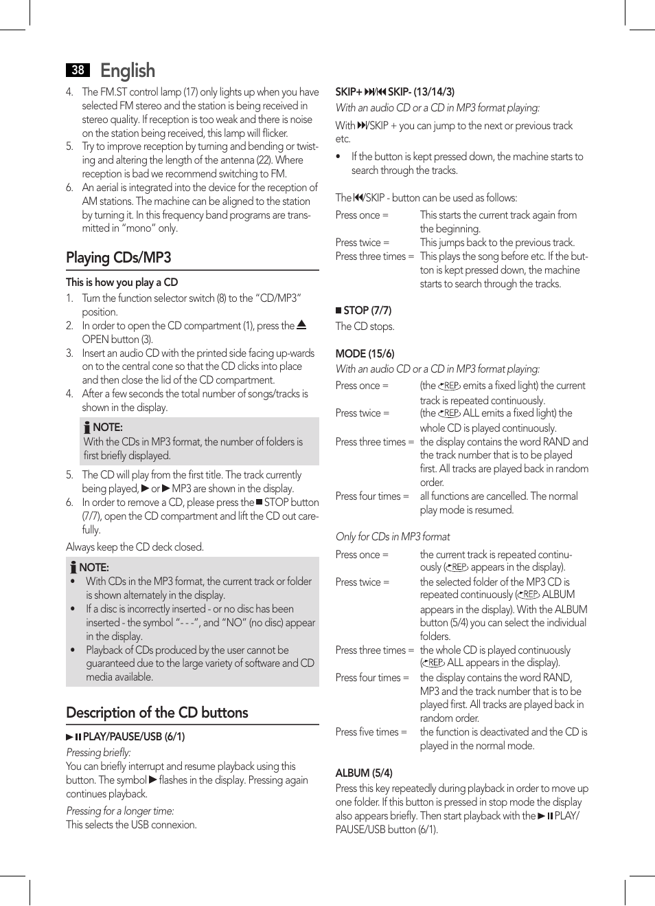 English, Playing cds/mp3, Description of the cd buttons | AEG MC 4443 CD-MP3 User Manual | Page 38 / 66