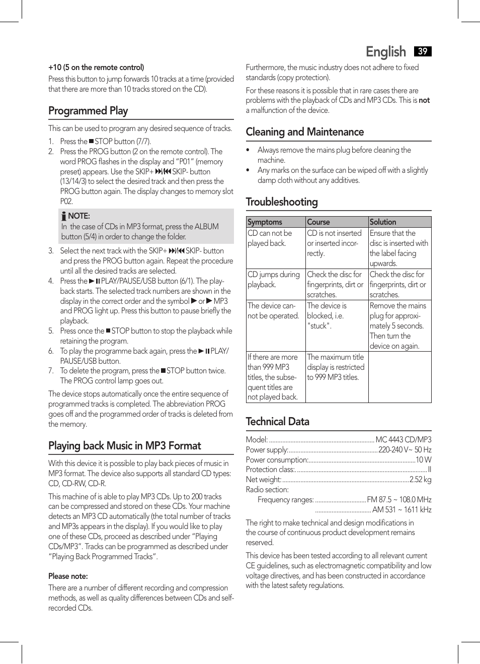 English, Programmed play, Playing back music in mp3 format | Cleaning and maintenance, Troubleshooting, Technical data | AEG MC 4443 CD-MP3 User Manual | Page 39 / 66