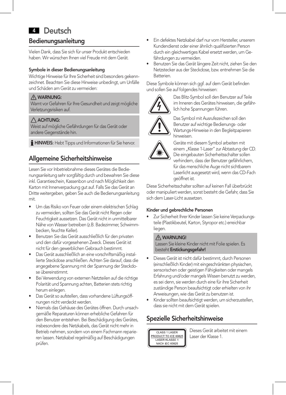 Deutsch, Bedienungsanleitung, Allgemeine sicherheitshinweise | Spezielle sicherheitshinweise | AEG MC 4443 CD-MP3 User Manual | Page 4 / 66