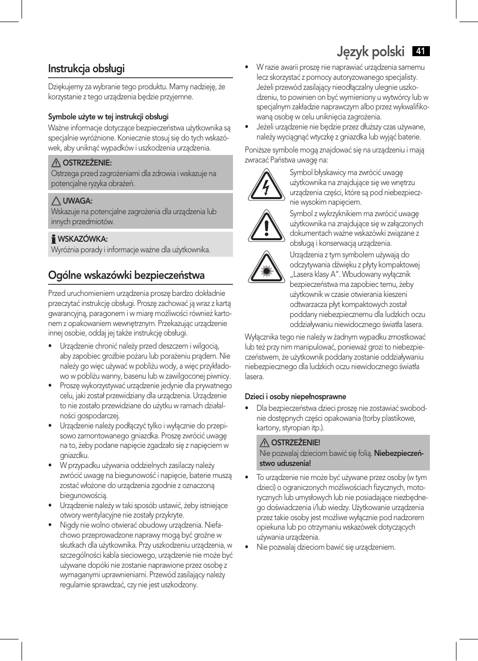 Język polski, Instrukcja obsługi, Ogólne wskazówki bezpieczeństwa | AEG MC 4443 CD-MP3 User Manual | Page 41 / 66