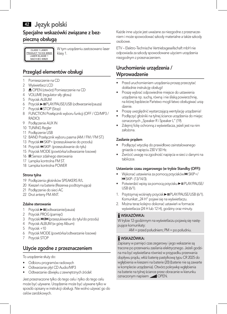Język polski, Przegląd elementów obsługi, Użycie zgodne z przeznaczeniem | Uruchomienie urządzenia / wprowadzenie | AEG MC 4443 CD-MP3 User Manual | Page 42 / 66
