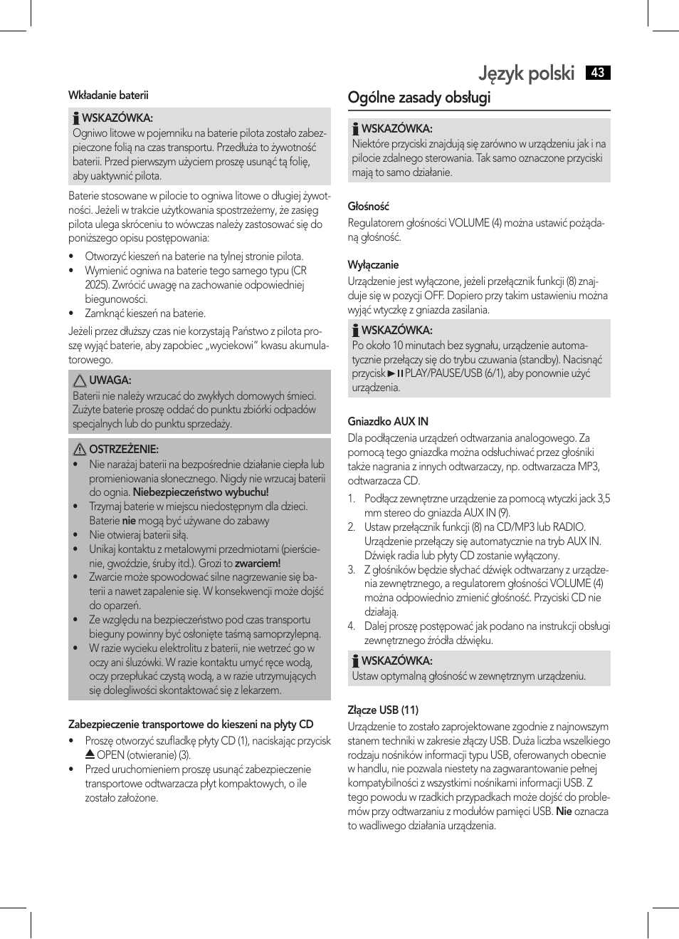 Język polski, Ogólne zasady obsługi | AEG MC 4443 CD-MP3 User Manual | Page 43 / 66