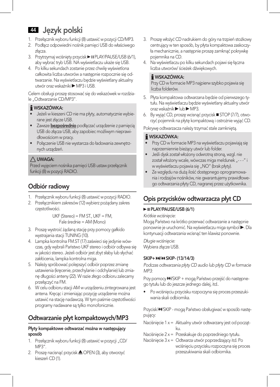 Język polski, Odbiór radiowy, Odtwarzanie płyt kompaktowych/mp3 | Opis przycisków odtwarzacza płyt cd | AEG MC 4443 CD-MP3 User Manual | Page 44 / 66