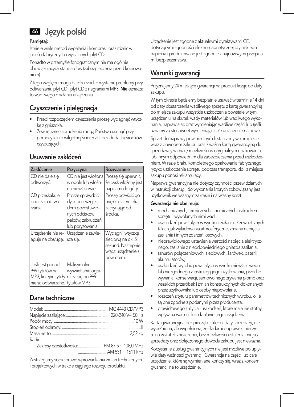 Język polski, Czyszczenie i pielęgnacja, Usuwanie zakłóceń | Dane techniczne, Warunki gwarancji | AEG MC 4443 CD-MP3 User Manual | Page 46 / 66