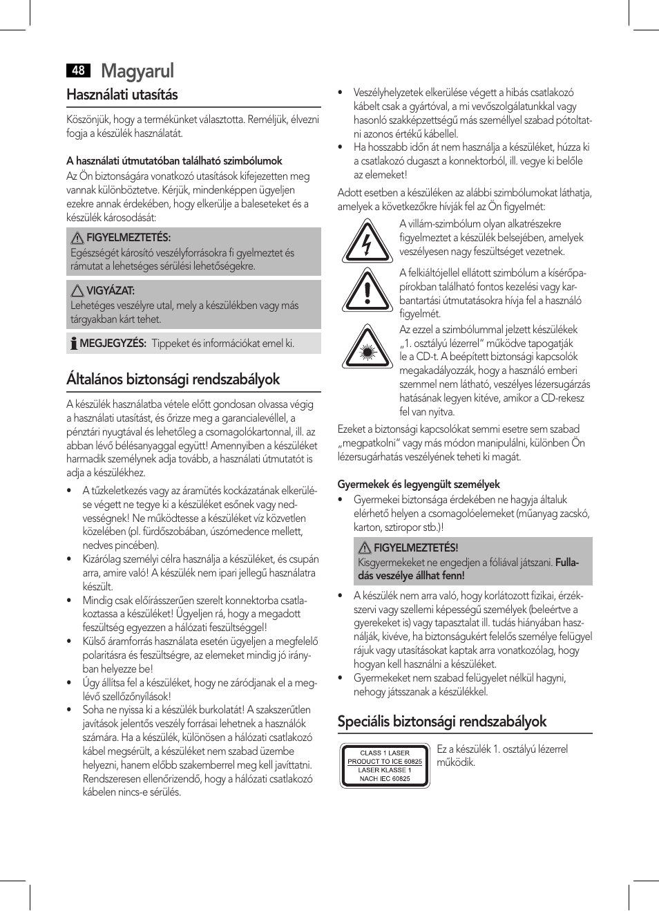 Magyarul, Használati utasítás, Általános biztonsági rendszabályok | Speciális biztonsági rendszabályok | AEG MC 4443 CD-MP3 User Manual | Page 48 / 66