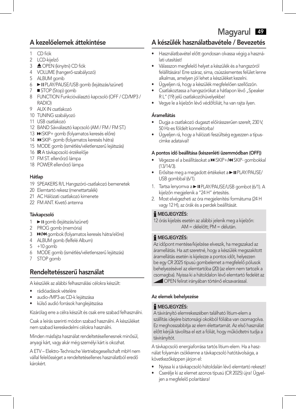 Magyarul, A kezelőelemek áttekintése, Rendeltetésszerű használat | A készülék használatbavétele / bevezetés | AEG MC 4443 CD-MP3 User Manual | Page 49 / 66