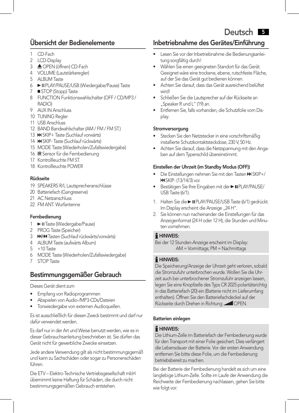 Deutsch, Übersicht der bedienelemente, Bestimmungsgemäßer gebrauch | Inbetriebnahme des gerätes/einführung | AEG MC 4443 CD-MP3 User Manual | Page 5 / 66