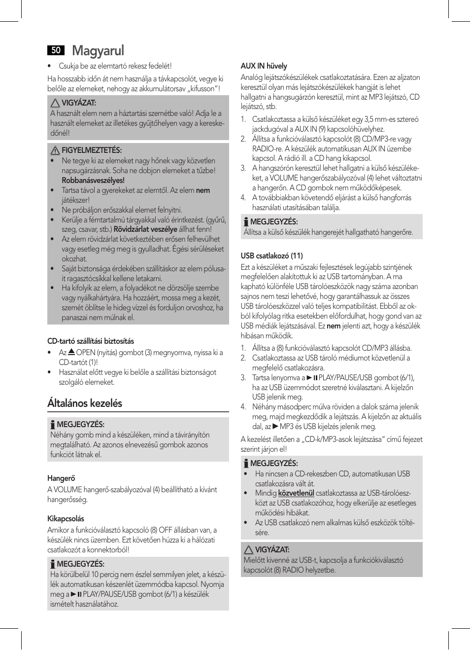 Magyarul, Általános kezelés | AEG MC 4443 CD-MP3 User Manual | Page 50 / 66