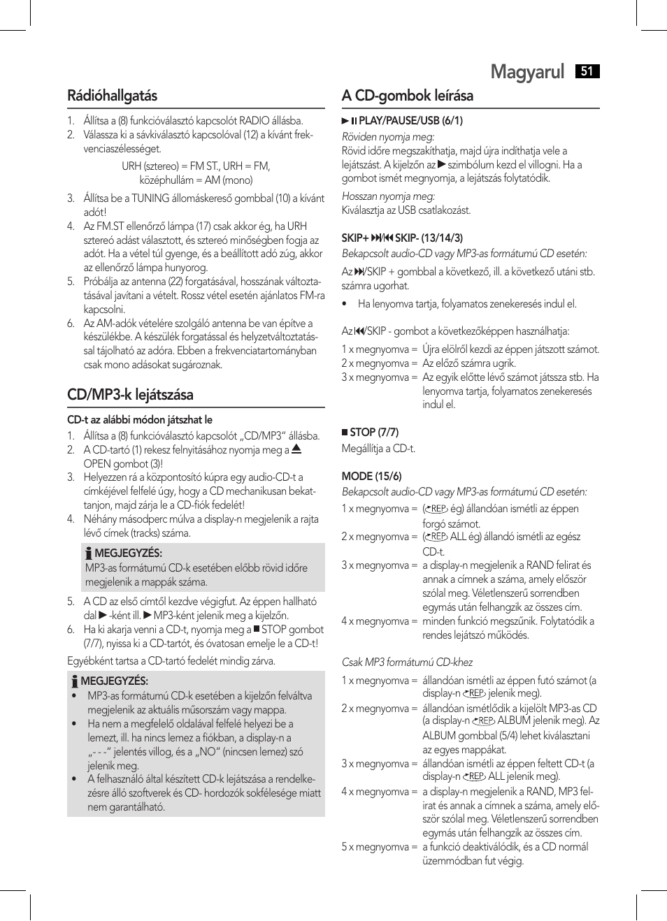 Magyarul, Rádióhallgatás, Cd/mp3-k lejátszása | A cd-gombok leírása | AEG MC 4443 CD-MP3 User Manual | Page 51 / 66