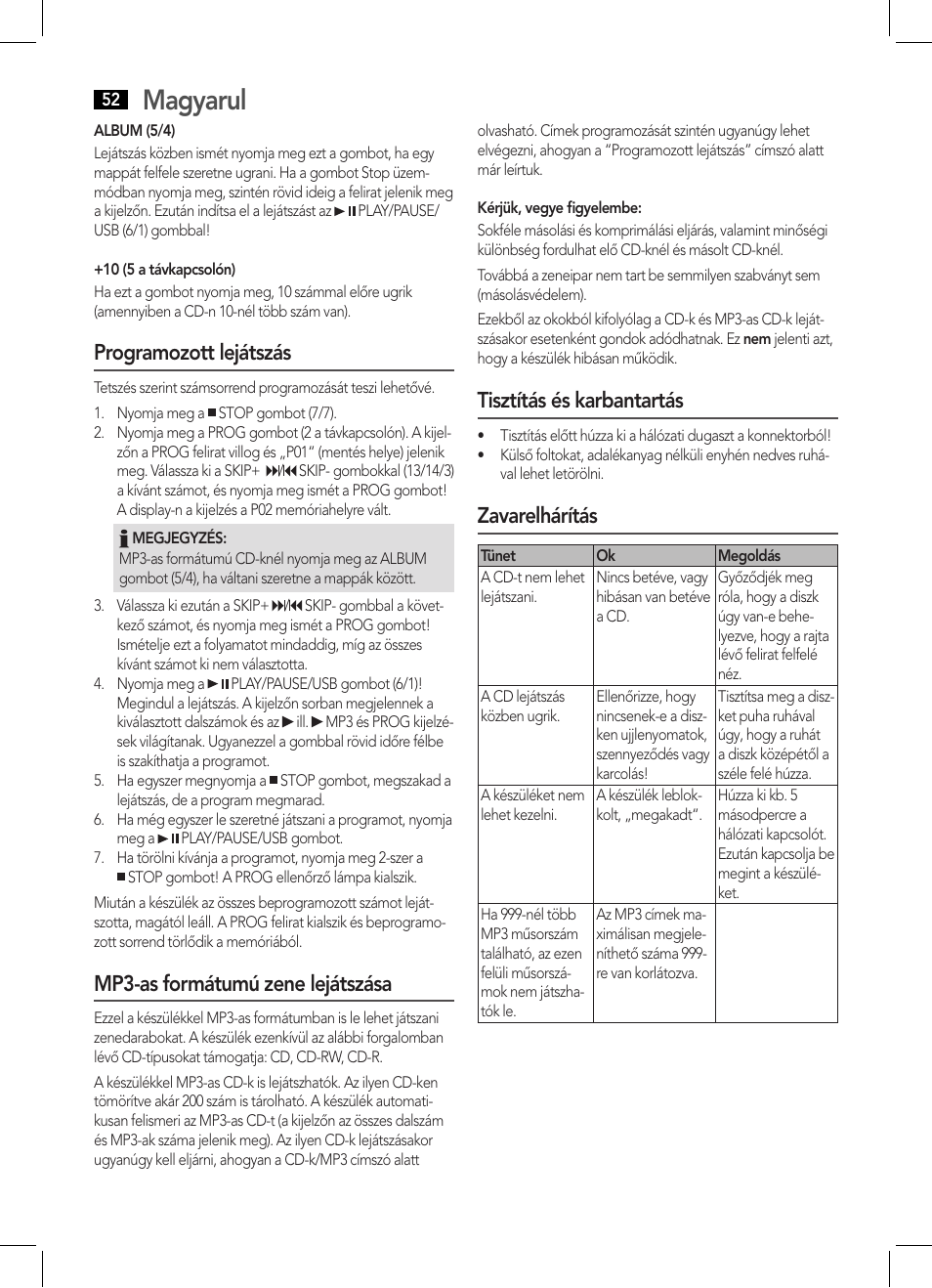Magyarul, Programozott lejátszás, Mp3-as formátumú zene lejátszása | Tisztítás és karbantartás, Zavarelhárítás | AEG MC 4443 CD-MP3 User Manual | Page 52 / 66