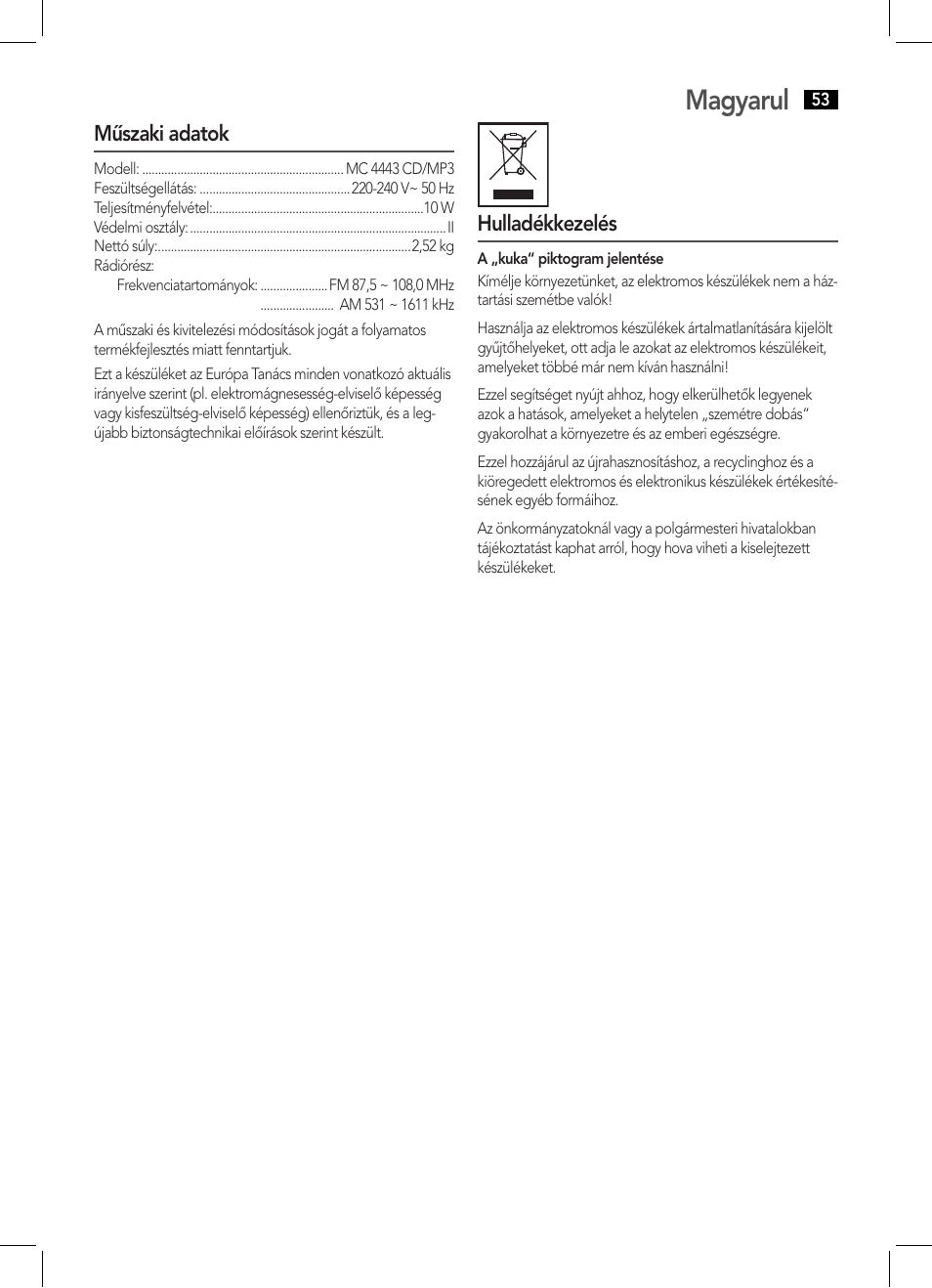 Magyarul | AEG MC 4443 CD-MP3 User Manual | Page 53 / 66