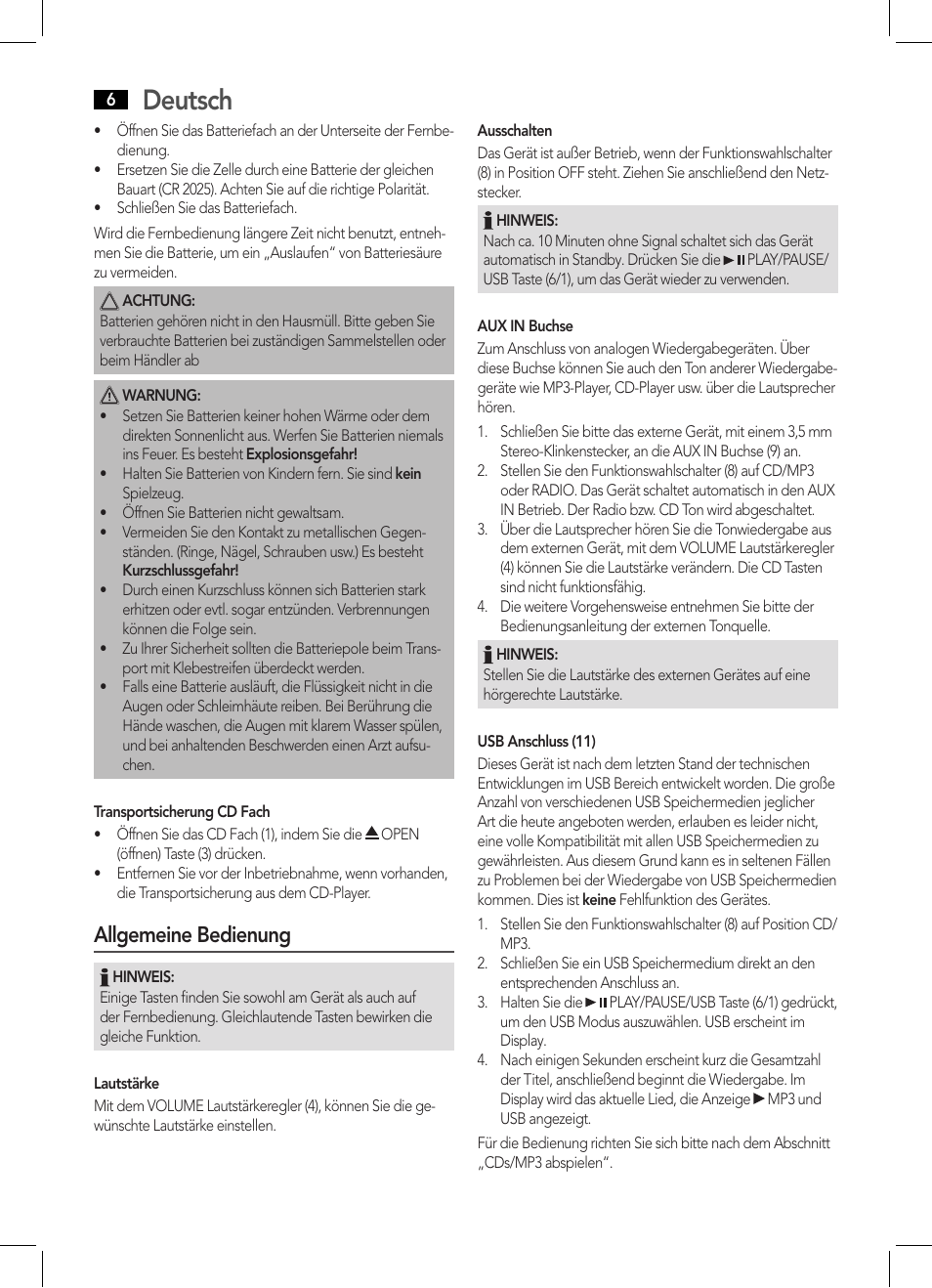 Deutsch, Allgemeine bedienung | AEG MC 4443 CD-MP3 User Manual | Page 6 / 66