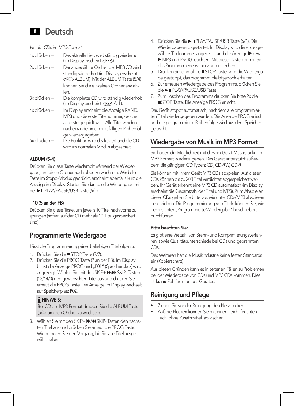 Deutsch, Programmierte wiedergabe, Wiedergabe von musik im mp3 format | Reinigung und pflege | AEG MC 4443 CD-MP3 User Manual | Page 8 / 66