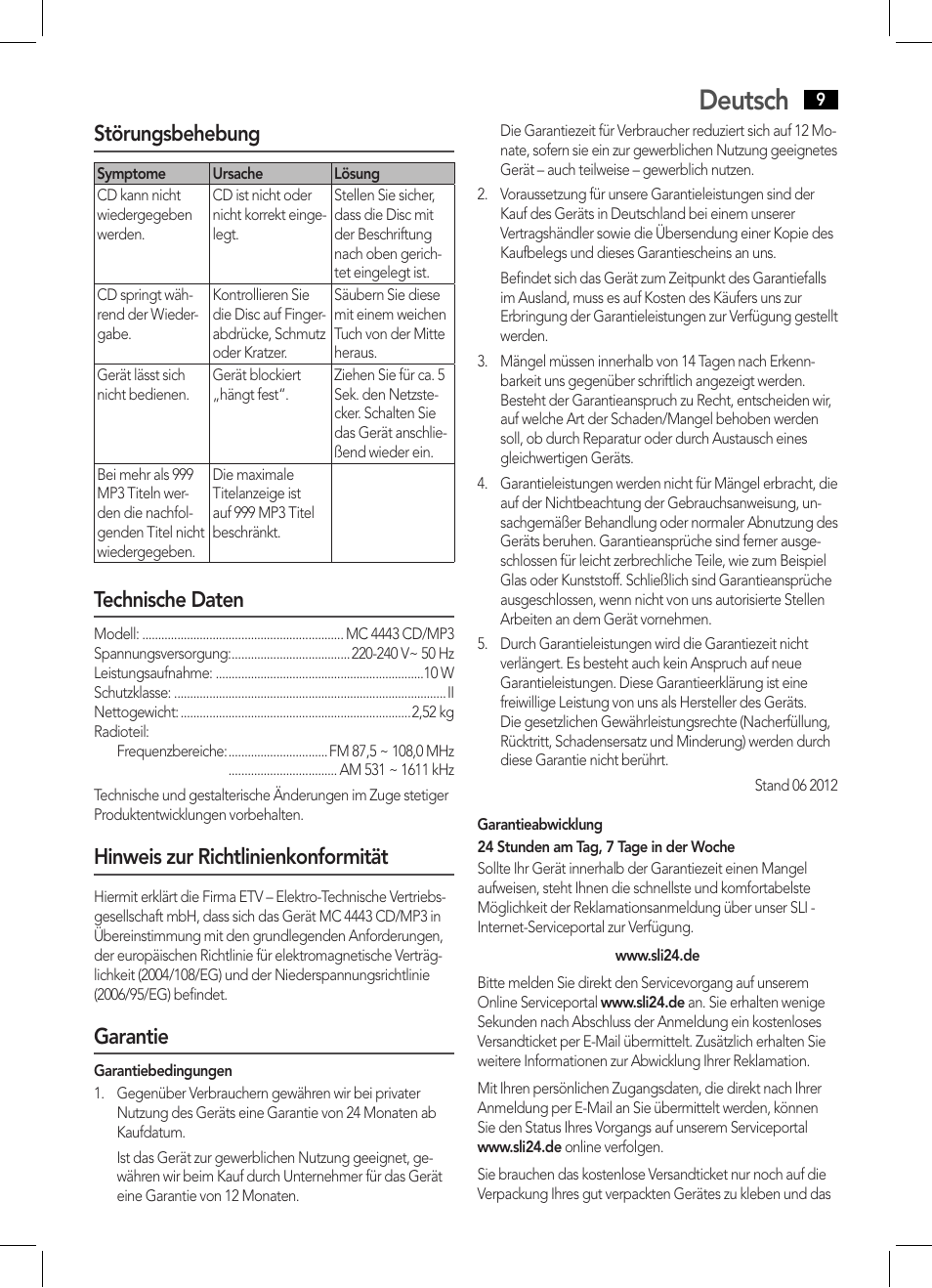 Deutsch, Störungsbehebung, Technische daten | Hinweis zur richtlinienkonformität, Garantie | AEG MC 4443 CD-MP3 User Manual | Page 9 / 66