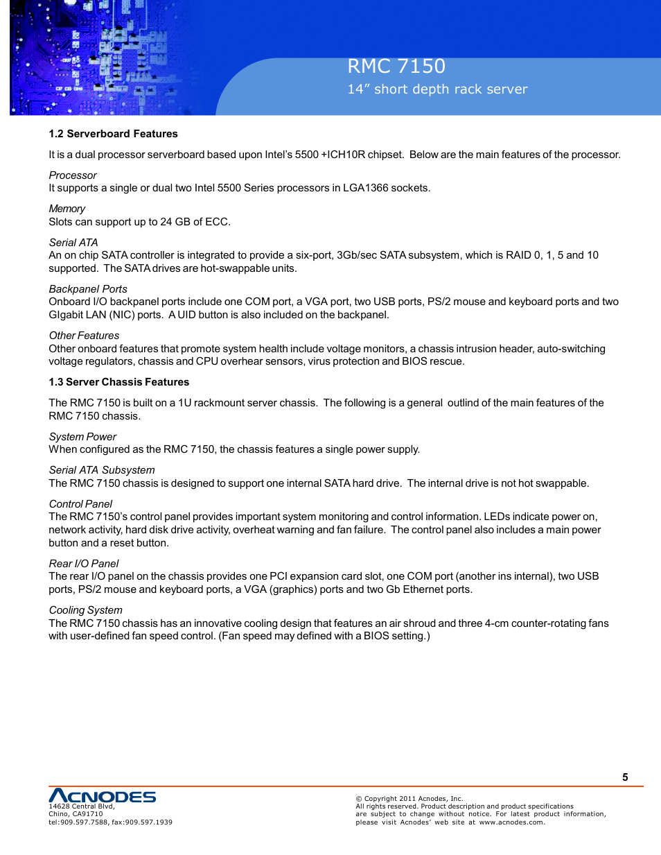 Rmc 7150, 14” short depth rack server | Acnodes RMC 7150 User Manual | Page 5 / 66