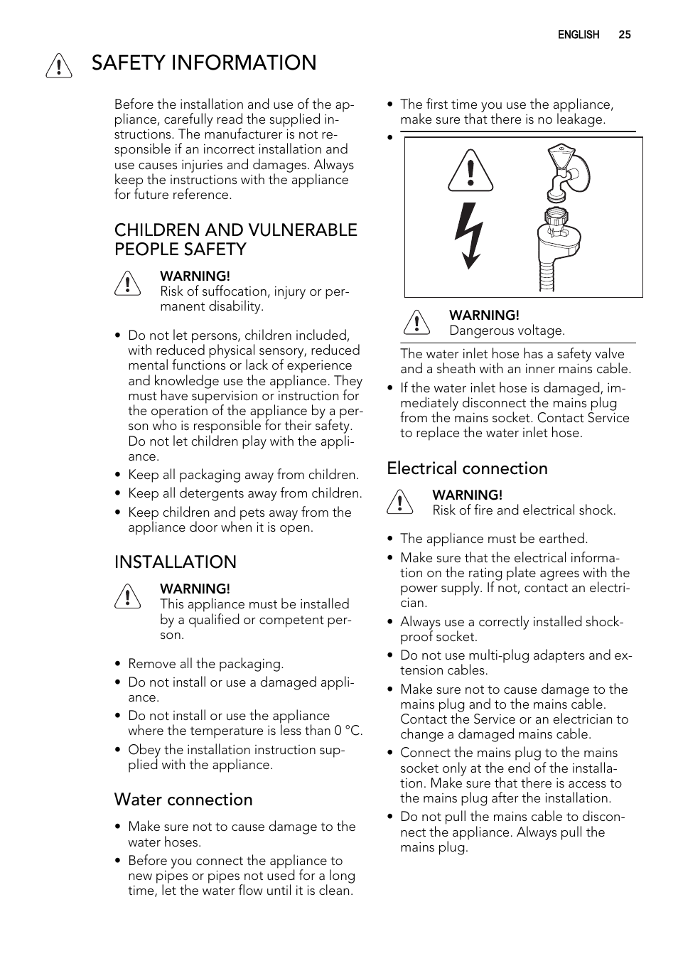 Safety information, Children and vulnerable people safety, Installation | Water connection, Electrical connection | AEG F57202W0 User Manual | Page 25 / 88