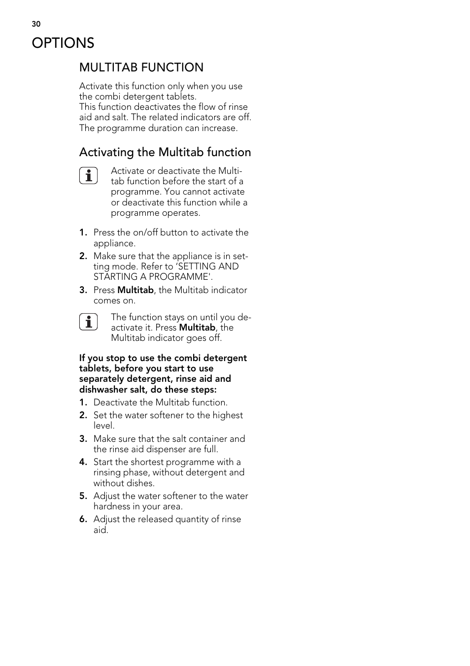 Options, Multitab function, Activating the multitab function | AEG F57202W0 User Manual | Page 30 / 88