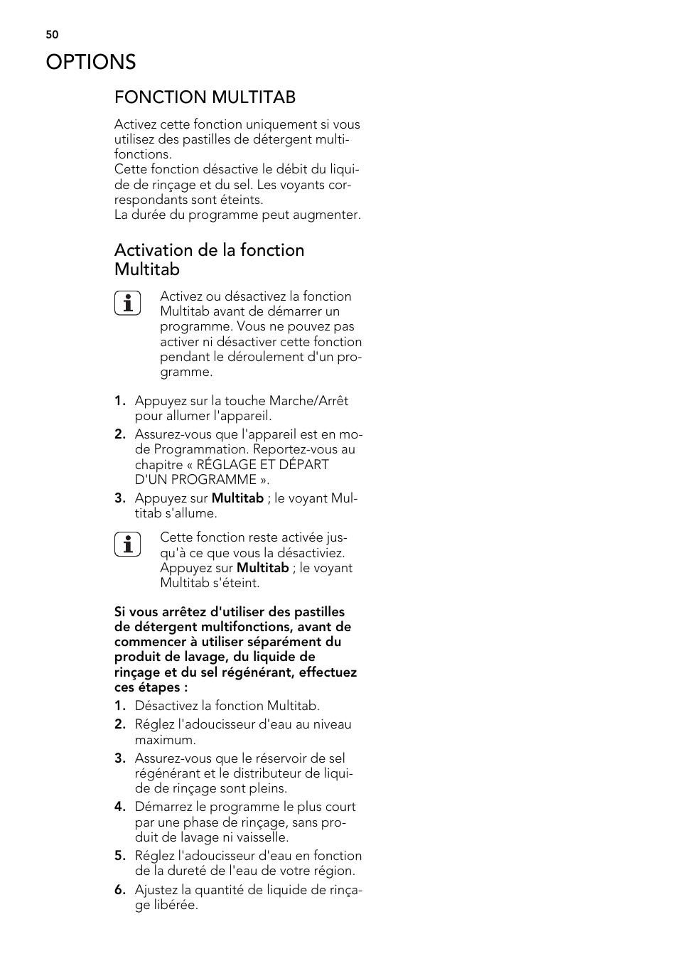 Options, Fonction multitab, Activation de la fonction multitab | AEG F57202W0 User Manual | Page 50 / 88